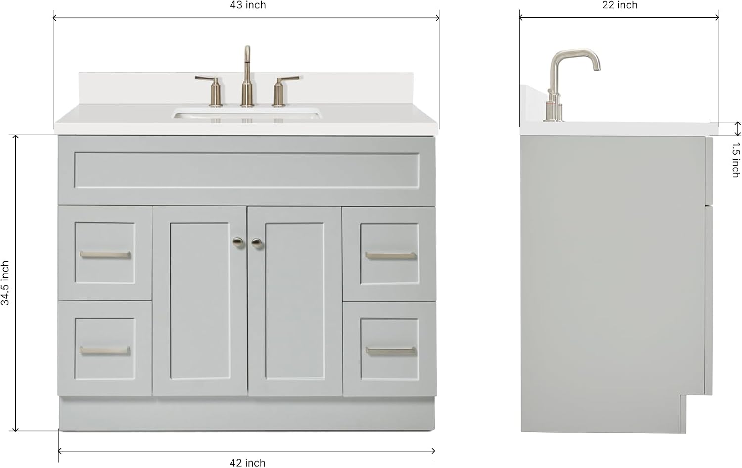 ARIEL Hamlet 42-inch Bathroom Vanity with Sink,Solid Wood, 1.5-inch Pure White Quartz Countertop & Backsplash, Single Rectangular Porcelain Sink, 2 Soft Closing Doors, 4 Dovetail Drawers, Grey