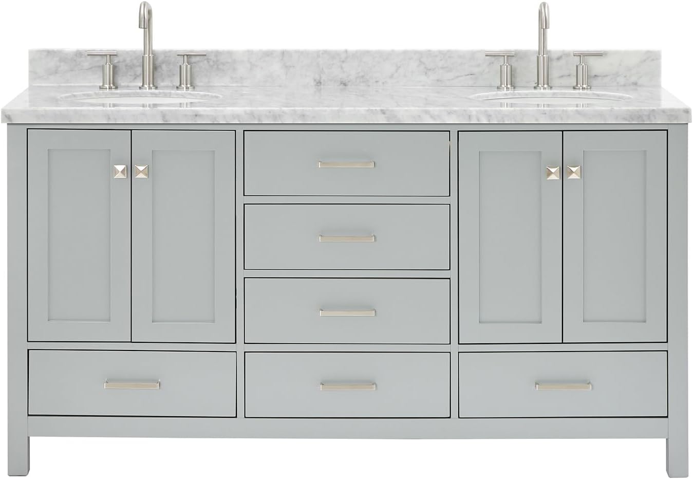 ARIEL Cambridge 66-inch Bathroom Vanity with Sink,Solid Wood, 1.5-inch Italian Carrara Marble Countertop & Backsplash, Double Oval Porcelain Sink, 4 Soft Closing Doors, 6 Dovetail Drawers, Grey