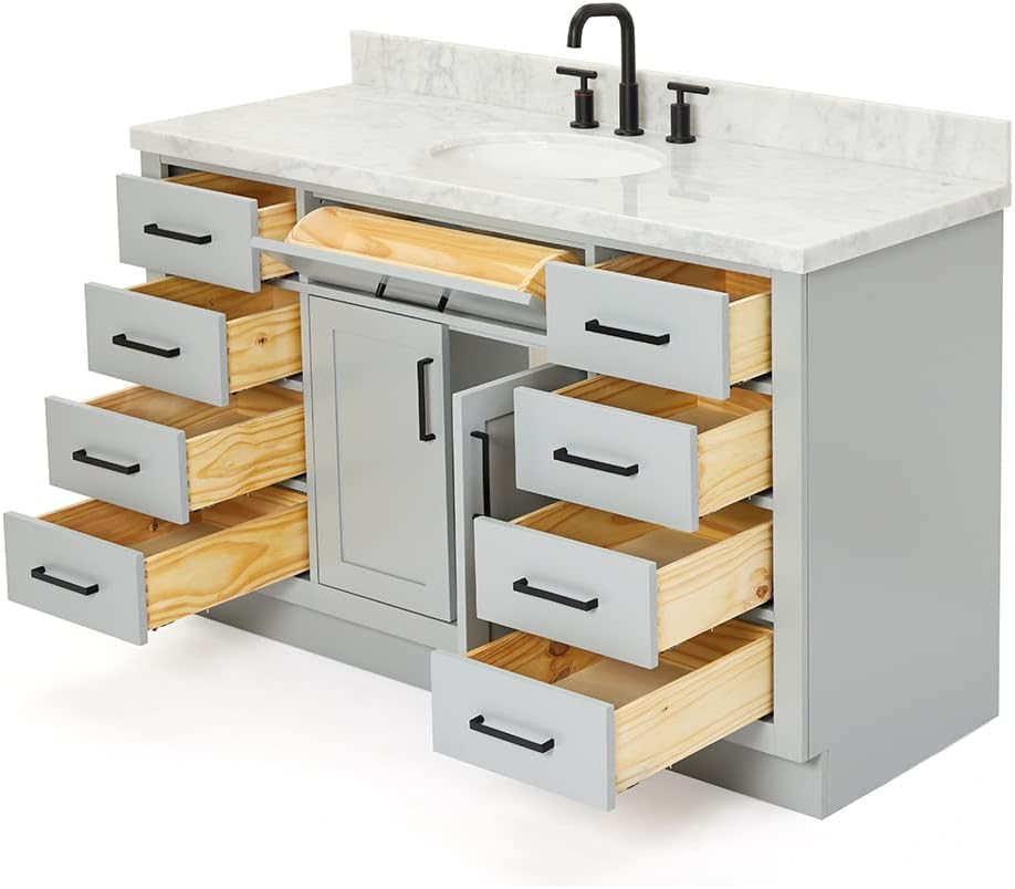ARIEL Hepburn 54-inch Bathroom Vanity with Sink,Solid Wood, 1.5-inch Italian Carrara Marble Countertop & Backsplash, Single Oval Porcelain Sink, 2 Soft Closing Doors, 9 Dovetail Drawers, Grey