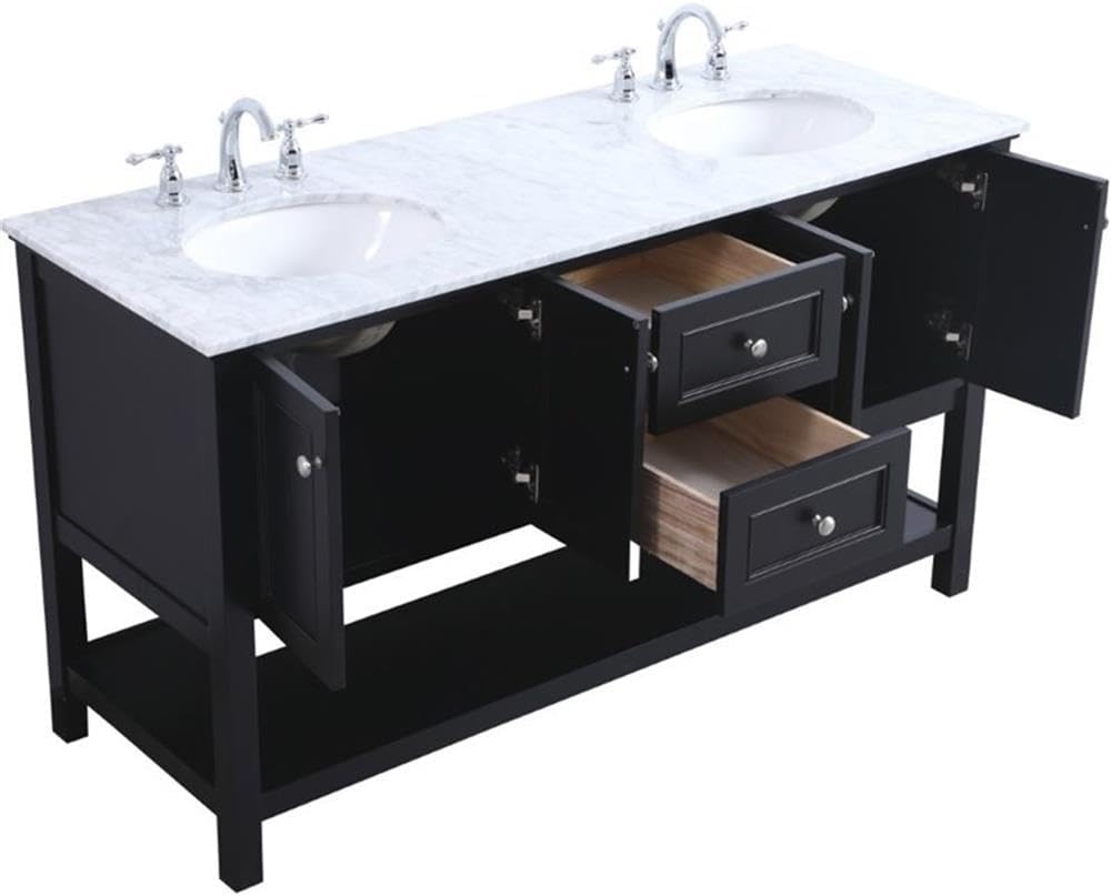 Pemberly Row 60' Double Sink Bathroom Vanity, Solid Poplar Wood, Black Finish, Carrara White Marble Top, 33.75' H x 60' W x 22' D, Two Drawers, Two Cabinets, Soft Close, Contemporary Freestanding