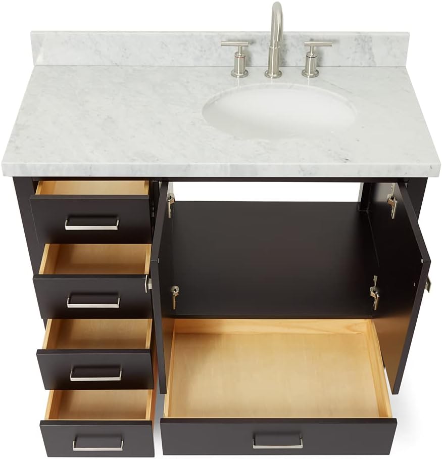 DKB Beckford 42' Espresso Bathroom Vanity with Sink – Carrara White Marble Countertop, Offset Oval Undermount Sink, Solid Wood, 2 Soft-Closing Doors, 5 Dovetail Drawers, Satin Nickel