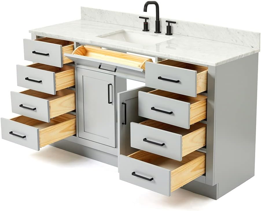 ARIEL Hepburn 60-inch Bathroom Vanity with Sink,Solid Wood, 0.75-inch Italian Carrara Marble Countertop, Single Rectangular Porcelain Sink, 2 Soft Closing Doors, 9 Dovetail Drawers, Grey