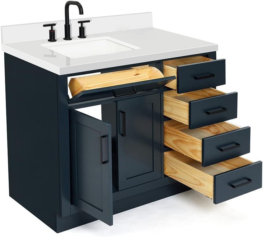 ARIEL Hepburn 43' Inch Left Offset Rectangle Sink Vanity with 1.5' Edge Pure White Quartz Countertop in Midnight Blue
