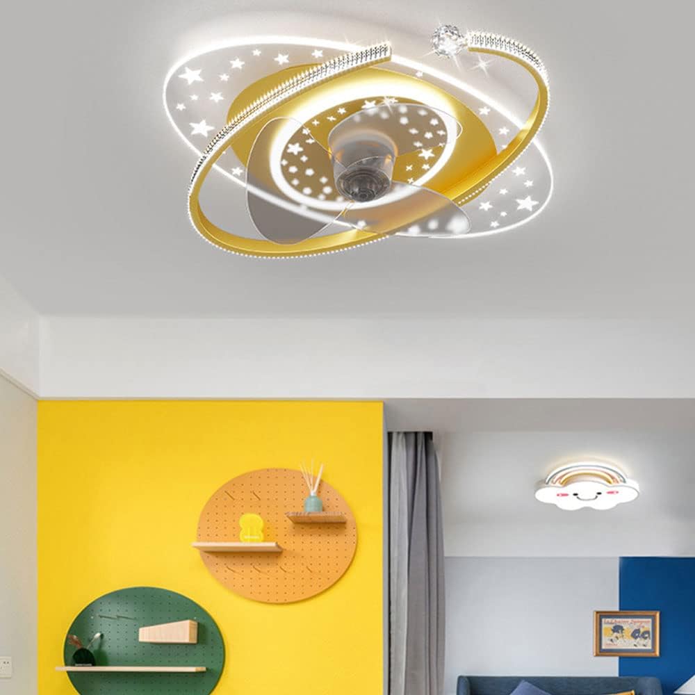 Indoor Kids Ceiling Fan with Lights Remote Dimmable 48W LED Ceiling Lights Fan Lighting Yellow Mute Ceiling Fans Indoor 6 Speeds Fan Ceiling with Light for Study Room Children's Bedroom