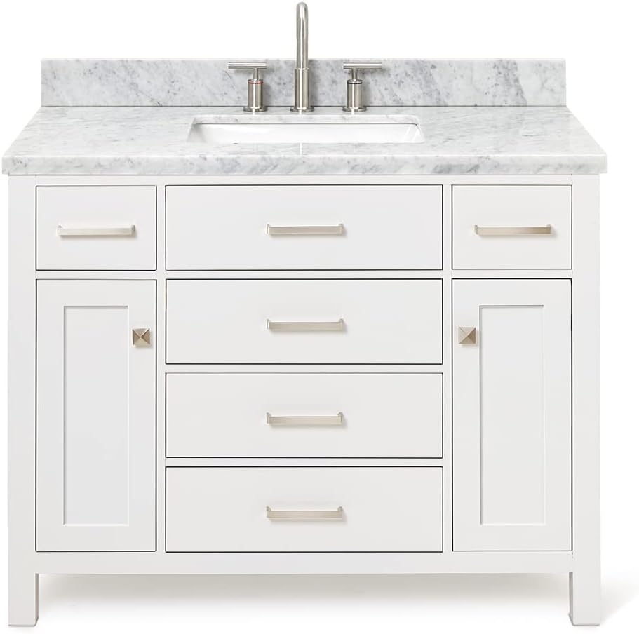 ARIEL 48' White Bathroom Vanity with Sink, 1.5' Edge Italian Carrara Marble Countertop, Rectangular Undermount Sink, 2 Soft Closing Doors, 5 Dovetail Drawers