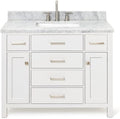 ARIEL 48' White Bathroom Vanity with Sink, 1.5' Edge Italian Carrara Marble Countertop, Rectangular Undermount Sink, 2 Soft Closing Doors, 5 Dovetail Drawers