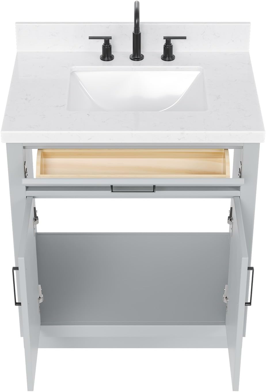 ARIEL Hepburn 30-inch Bathroom Vanity with Sink,Solid Wood, 1.5-inch Carrara White Quartz Countertop & Backsplash, Single Rectangular Porcelain Sink, 2 Soft Closing Doors, 1 Dovetail Drawers, Grey
