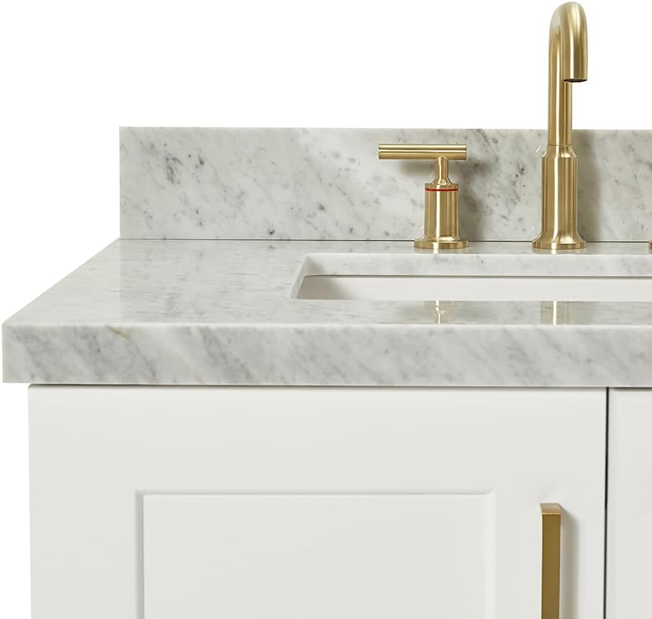 ARIEL Taylor 30-inch Bathroom Vanity with Sink,Solid Wood, 1.5-inch Italian Carrara Marble Countertop, Single Rectangular Porcelain Sink, 2 Soft Closing Doors, 1 Dovetail Drawers, White