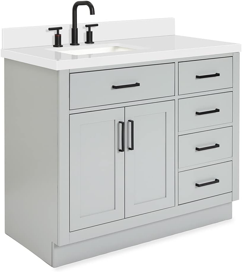 ARIEL 42-Inch Gray Single Bathroom Vanity with 1.5' Edge Pure White Quartz Countertop, Rectangular Undermount Sink, Solid Wood Frame, 2 Soft Closing Doors, 9 Dovetail Drawers, Toe Kick