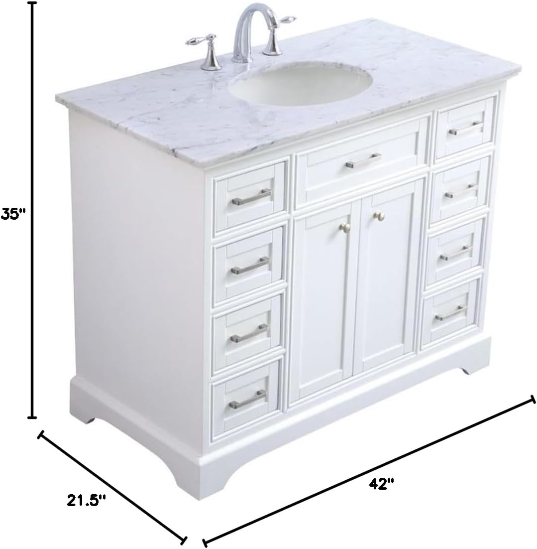Pemberly Row Contemporary 42' Single Bathroom Vanity, Italian Carrara Marble Top, White Finish, Solid Wood and MDF Base, Porcelain Undermount Sink, Soft Close Drawers, Freestanding Vanity for