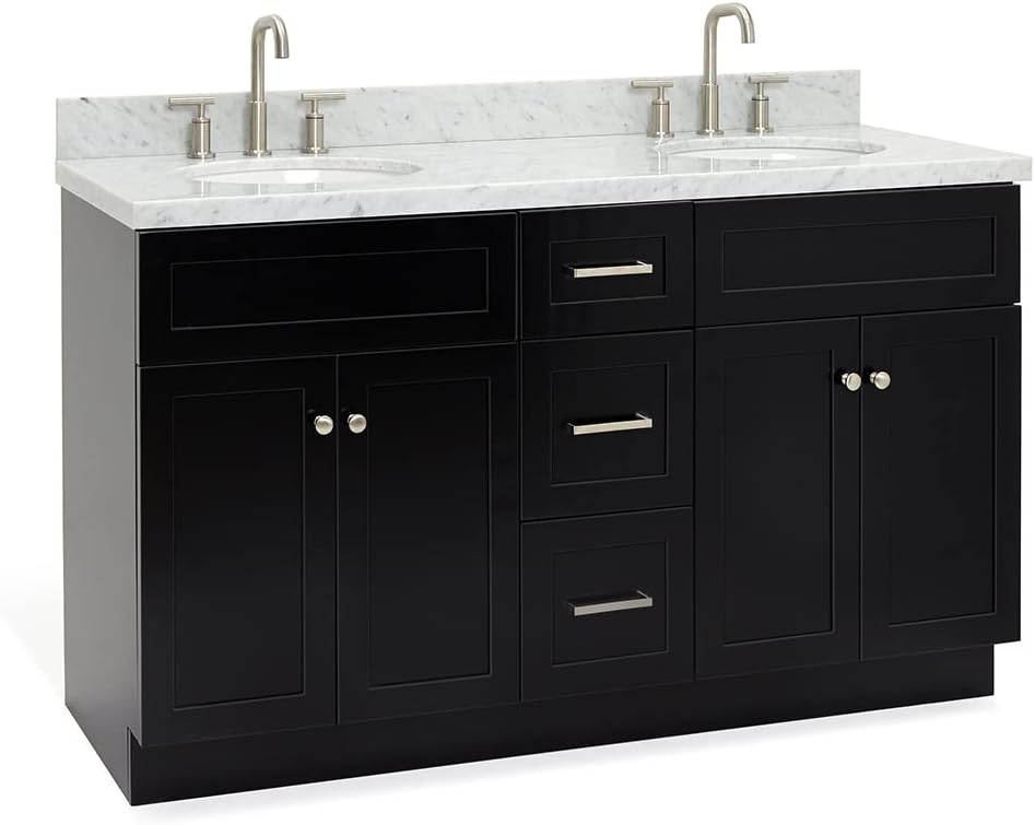 ARIEL Hamlet 60-inch Bathroom Vanity with Sink,Solid Wood, 1.5-inch Italian Carrara Marble Countertop & Backsplash, Double Oval Porcelain Sink, 4 Soft Closing Doors, 3 Dovetail Drawers, Black