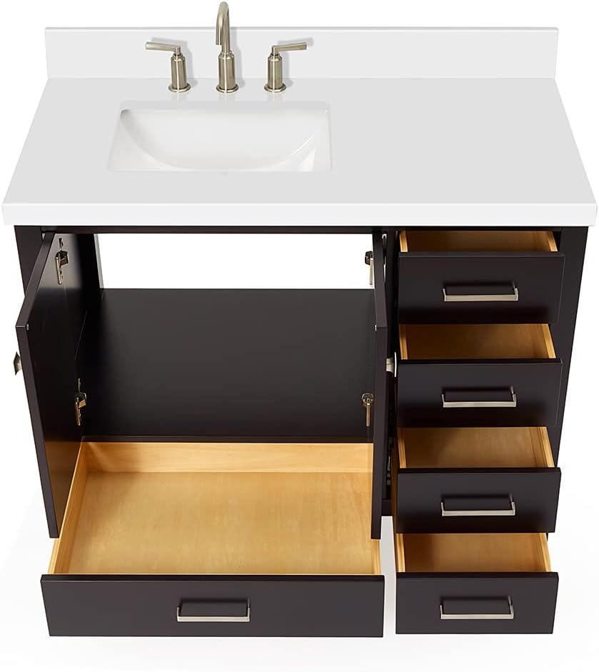 DKB Beckford 42-Inch Espresso Bathroom Vanity with Sink, Solid Wood Frame, Pure White Quartz Countertop 1.5' Edge, Left Rectangular Undermount Sink, 2 Soft Closing Doors, 5 Full Extension Drawers