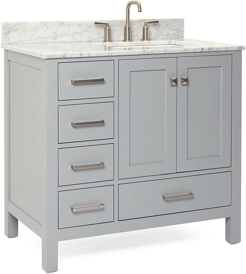 ARIEL Cambridge 36-inch Bathroom Vanity with Sink,Solid Wood, 0.75-inch Italian Carrara Marble Countertop, Single Rectangular Porcelain Sink, 2 Soft Closing Doors, 5 Dovetail Drawers, Grey
