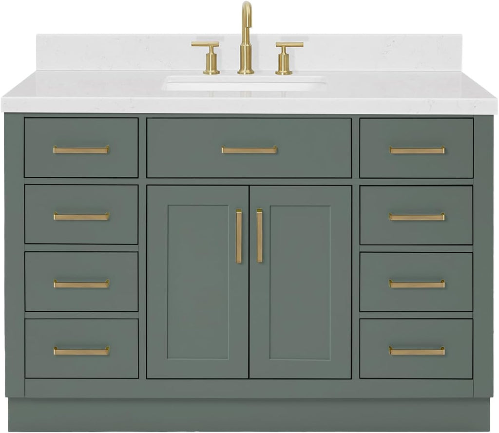 ARIEL Hepburn 48-inch Bathroom Vanity with Sink,Solid Wood, 1.5-inch Carrara White Quartz Countertop, Single Rectangular Porcelain Sink, 2 Soft Closing Doors, 9 Dovetail Drawers, Vintage Green