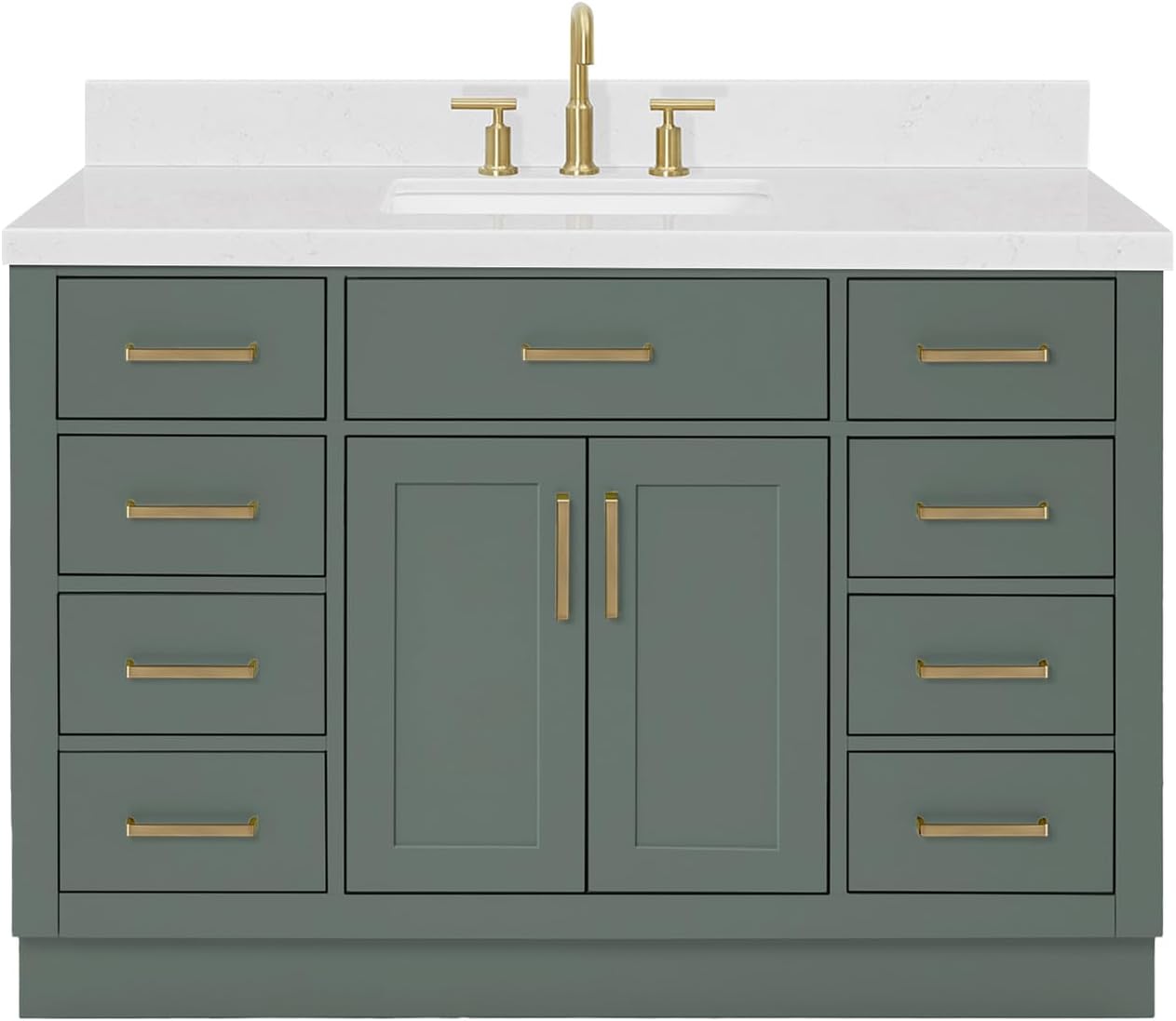 ARIEL Hepburn 48-inch Bathroom Vanity with Sink,Solid Wood, 1.5-inch Carrara White Quartz Countertop, Single Rectangular Porcelain Sink, 2 Soft Closing Doors, 9 Dovetail Drawers, Vintage Green
