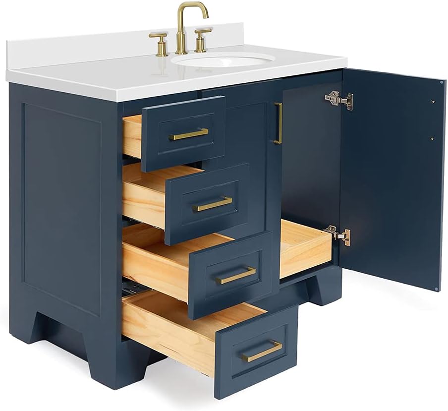 ARIEL Taylor 42-inch Bathroom Vanity with Sink,Solid Wood, 1.5-inch Pure White Quartz Countertop & Backsplash, Single Oval Porcelain Sink, 2 Soft Closing Doors, 5 Dovetail Drawers, Midnight Blue