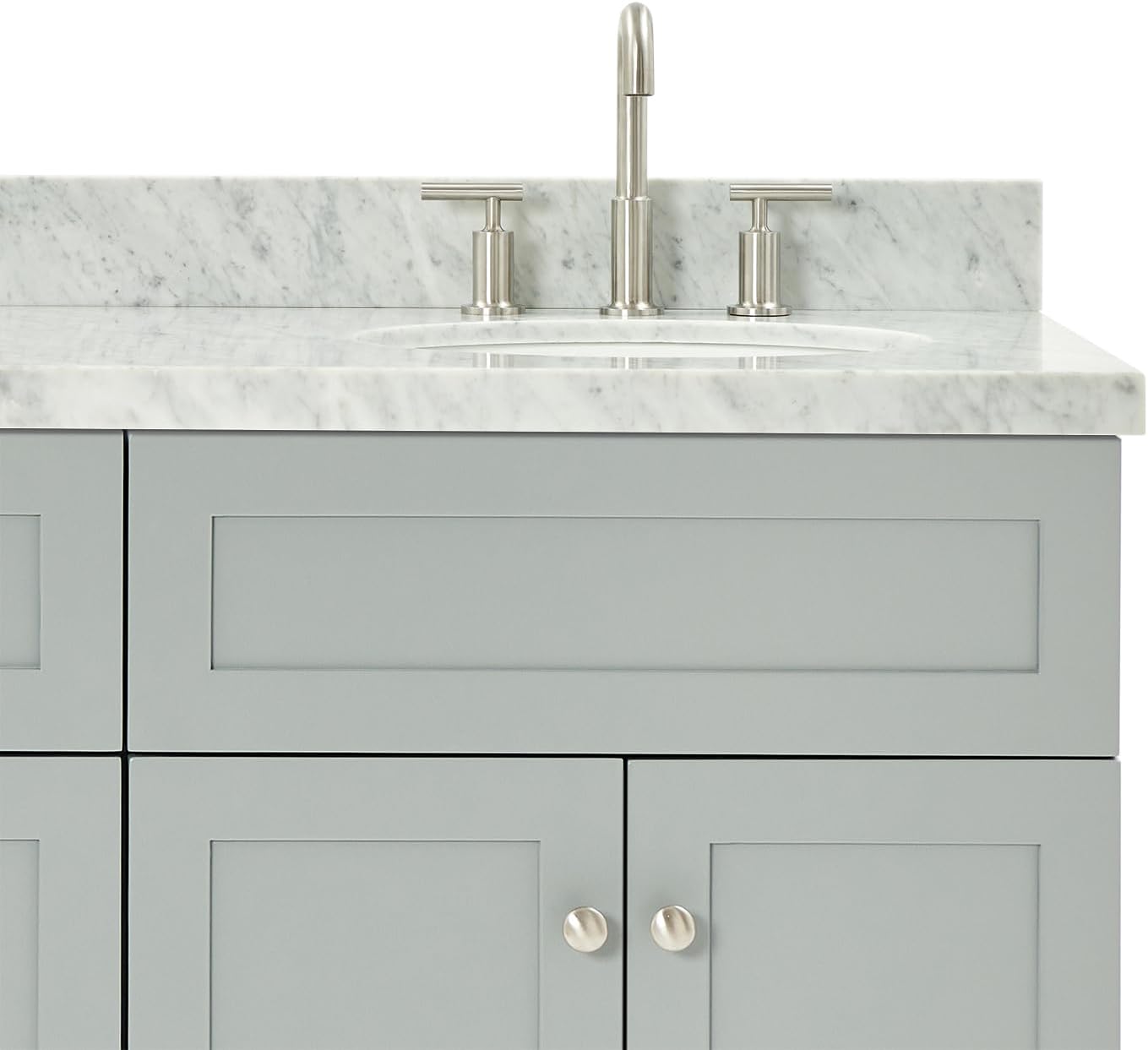 DKB Bradford 66' Grey Double Bathroom Vanity, 1.5' Edge Italian Carrara Marble Countertop, Double Oval Undermount Sinks, 2 Soft Closing Doors, 3 Dovetail Drawers, Brushed Nickel