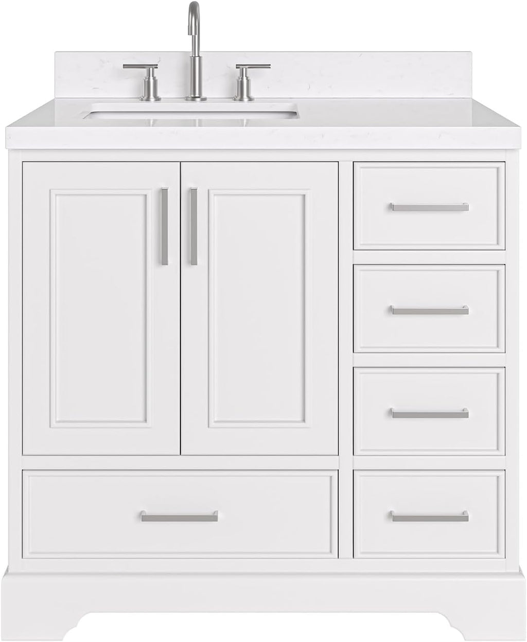 ARIEL Stafford 36-inch Bathroom Vanity with Sink,Solid Wood, 1.5-inch Carrara White Quartz Countertop, Single Rectangular Porcelain Sink, 2 Soft Closing Doors, 5 Dovetail Drawers, White