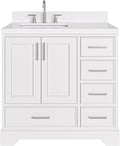 ARIEL Stafford 36-inch Bathroom Vanity with Sink,Solid Wood, 1.5-inch Carrara White Quartz Countertop, Single Rectangular Porcelain Sink, 2 Soft Closing Doors, 5 Dovetail Drawers, White