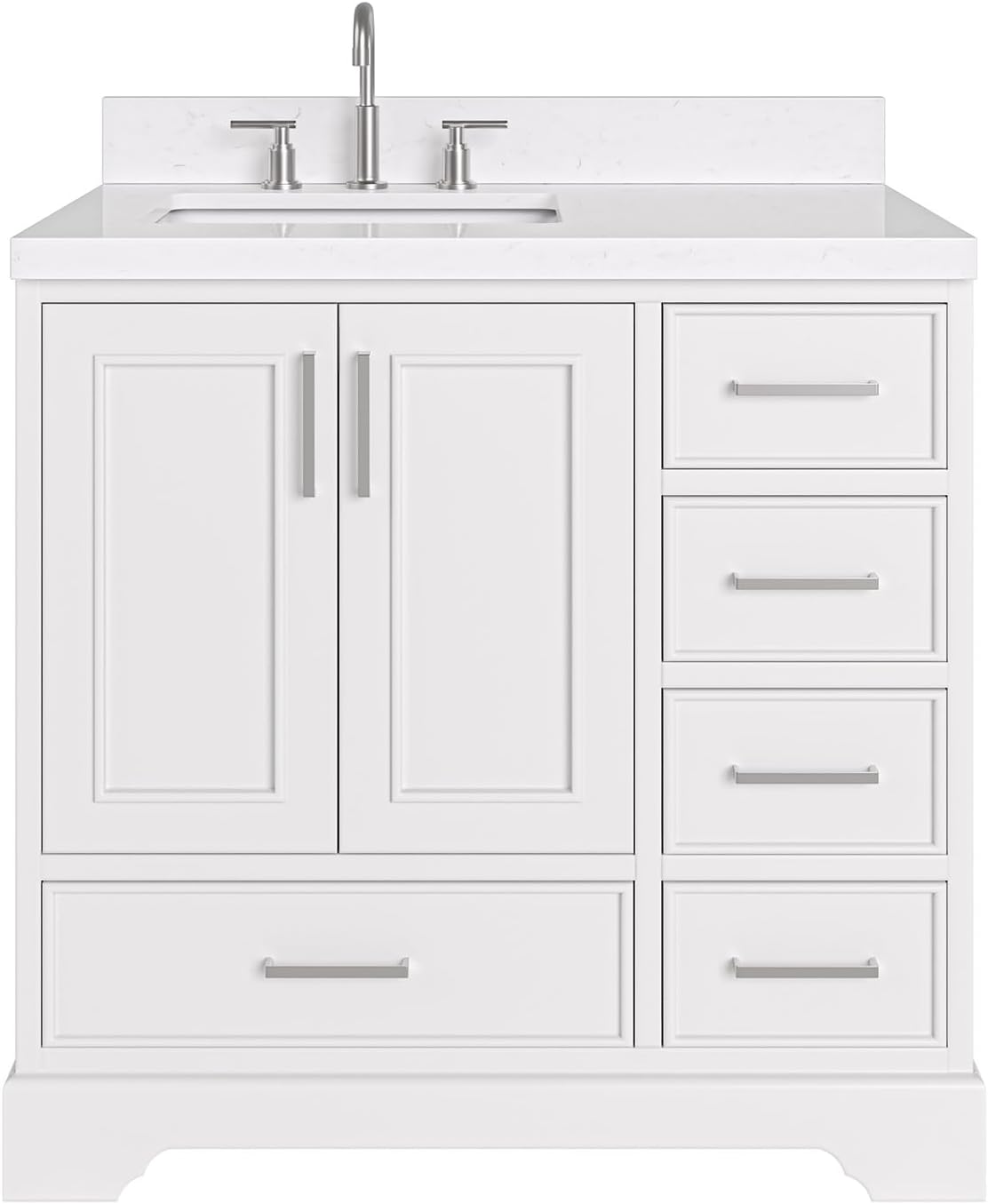 ARIEL Stafford 36-inch Bathroom Vanity with Sink,Solid Wood, 1.5-inch Carrara White Quartz Countertop, Single Rectangular Porcelain Sink, 2 Soft Closing Doors, 5 Dovetail Drawers, White