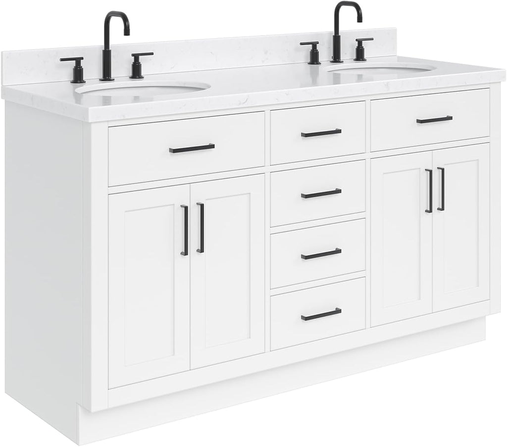 ARIEL Hepburn 60-inch Bathroom Vanity with Sink,Solid Wood, 1.5-inch Carrara White Quartz Countertop & Backsplash, Double Oval Porcelain Sink, 4 Soft Closing Doors, 6 Dovetail Drawers, White