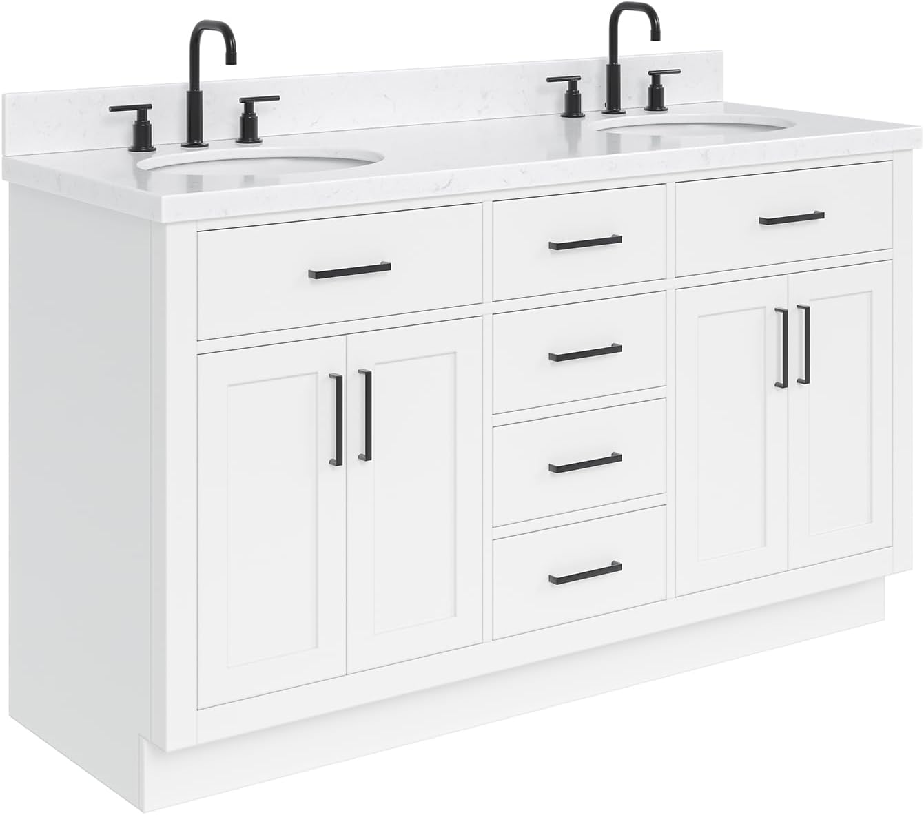 ARIEL Hepburn 60-inch Bathroom Vanity with Sink,Solid Wood, 1.5-inch Carrara White Quartz Countertop & Backsplash, Double Oval Porcelain Sink, 4 Soft Closing Doors, 6 Dovetail Drawers, White
