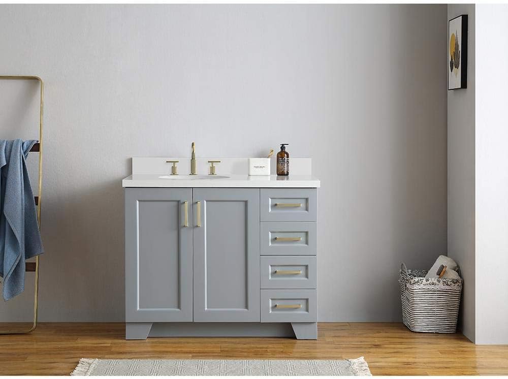 ARIEL Taylor 42-inch Bathroom Vanity with Sink,Solid Wood, 1.5-inch Pure White Quartz Countertop & Backsplash, Single Oval Porcelain Sink, 2 Soft Closing Doors, 5 Dovetail Drawers, Grey