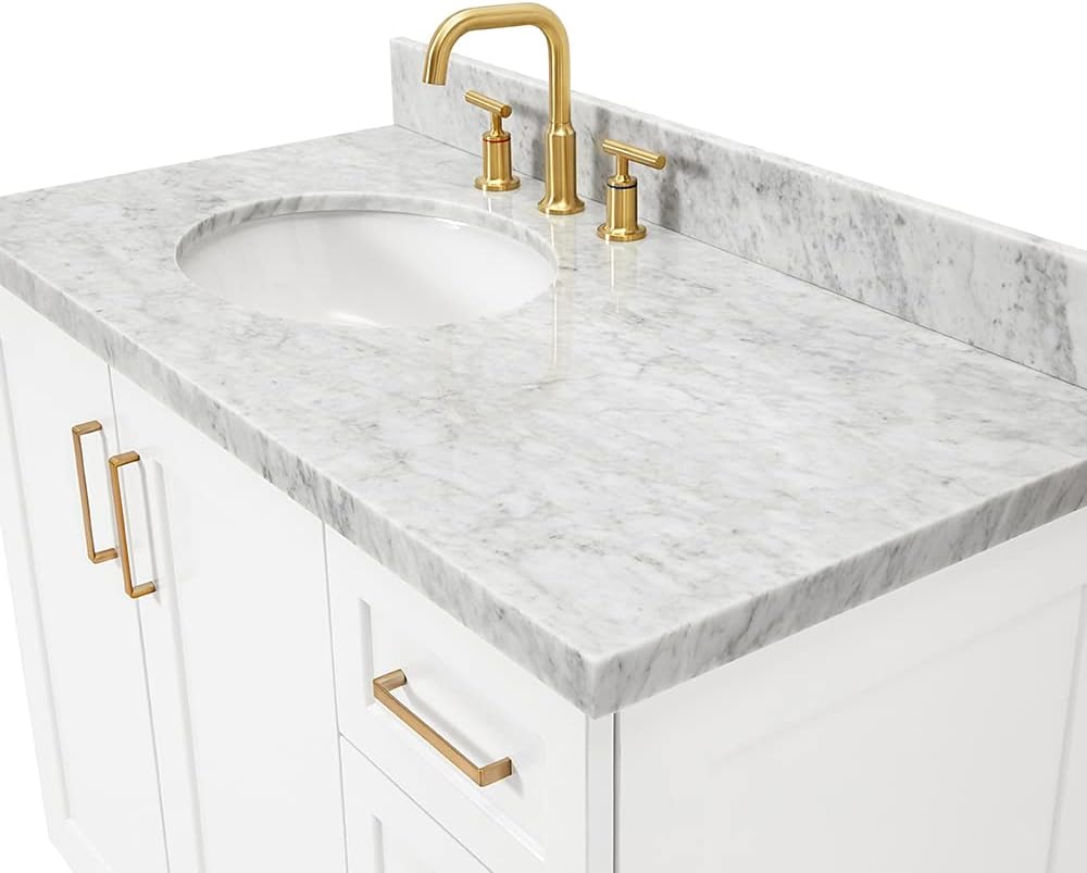 ARIEL Taylor 42-inch Bathroom Vanity with Sink,Solid Wood, 1.5-inch Italian Carrara Marble Countertop & Backsplash, Single Oval Porcelain Sink, 2 Soft Closing Doors, 5 Dovetail Drawers, White