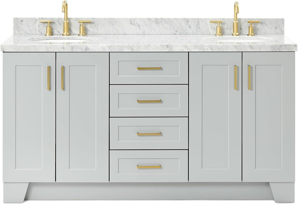ARIEL Taylor 66-inch Bathroom Vanity with Sink,Solid Wood, 1.5-inch Italian Carrara Marble Countertop & Backsplash, Double Oval Porcelain Sink, 4 Soft Closing Doors, 5 Dovetail Drawers, Grey