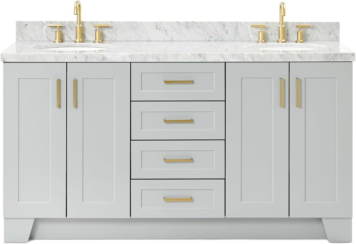 ARIEL Taylor 66-inch Bathroom Vanity with Sink,Solid Wood, 1.5-inch Italian Carrara Marble Countertop & Backsplash, Double Oval Porcelain Sink, 4 Soft Closing Doors, 5 Dovetail Drawers, Grey