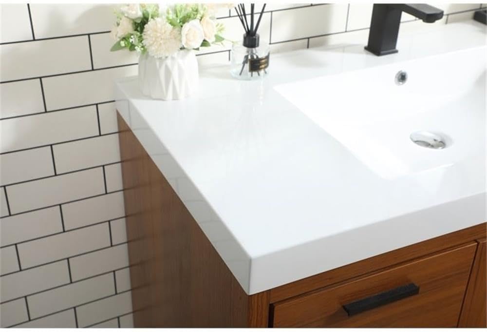 Pemberly Row 42' Aluminum Alloy and MDF Bathroom Vanity, Teak Finish, White Resin Countertop with Integrated Sink, Soft-Close Doors and Drawer, Modern Space-Saving Design for Bathrooms or Powder Rooms