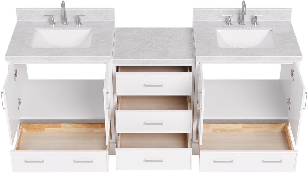 ARIEL Stafford 84-inch Bathroom Vanity with Sink,Solid Wood, 1.5in Italian Carrara Marble Countertop & Backsplash, Double Rectangular Porcelain Sink, 4 Soft Closing Doors, 5 Dovetail Drawers, White