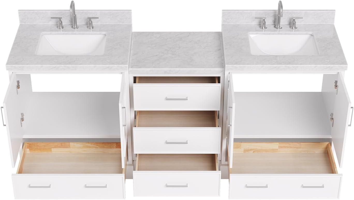 ARIEL Stafford 84-inch Bathroom Vanity with Sink,Solid Wood, 1.5in Italian Carrara Marble Countertop & Backsplash, Double Rectangular Porcelain Sink, 4 Soft Closing Doors, 5 Dovetail Drawers, White