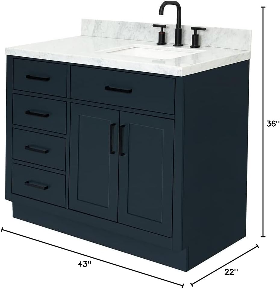 ARIEL 42-Inch White Single Bathroom Vanity with Sink, 1.5' Edge Pure White Quartz Countertop, Rectangular Undermount Sink, 2 Soft Closing Doors, 9 Dovetail Drawers, Toe Kick