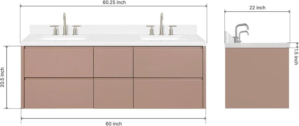 ARIEL West 60 Inch Wall-Mounted Double Rectangle Sink Bathroom Vanity with Carrara White Quartz Countertop 1.5 Inch in Mocha