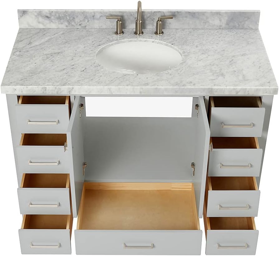 ARIEL Cambridge 48-inch Bathroom Vanity with Sink,Solid Wood, 1.5-inch Italian Carrara Marble Countertop & Backsplash, Single Oval Porcelain Sink, 2 Soft Closing Doors, 9 Dovetail Drawers, Grey