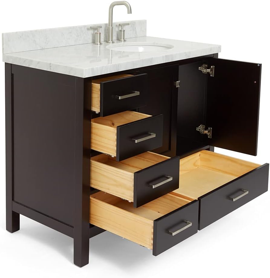 DKB Beckford 42' Espresso Bathroom Vanity with Sink – Carrara White Marble Countertop, Offset Oval Undermount Sink, Solid Wood, 2 Soft-Closing Doors, 5 Dovetail Drawers, Satin Nickel