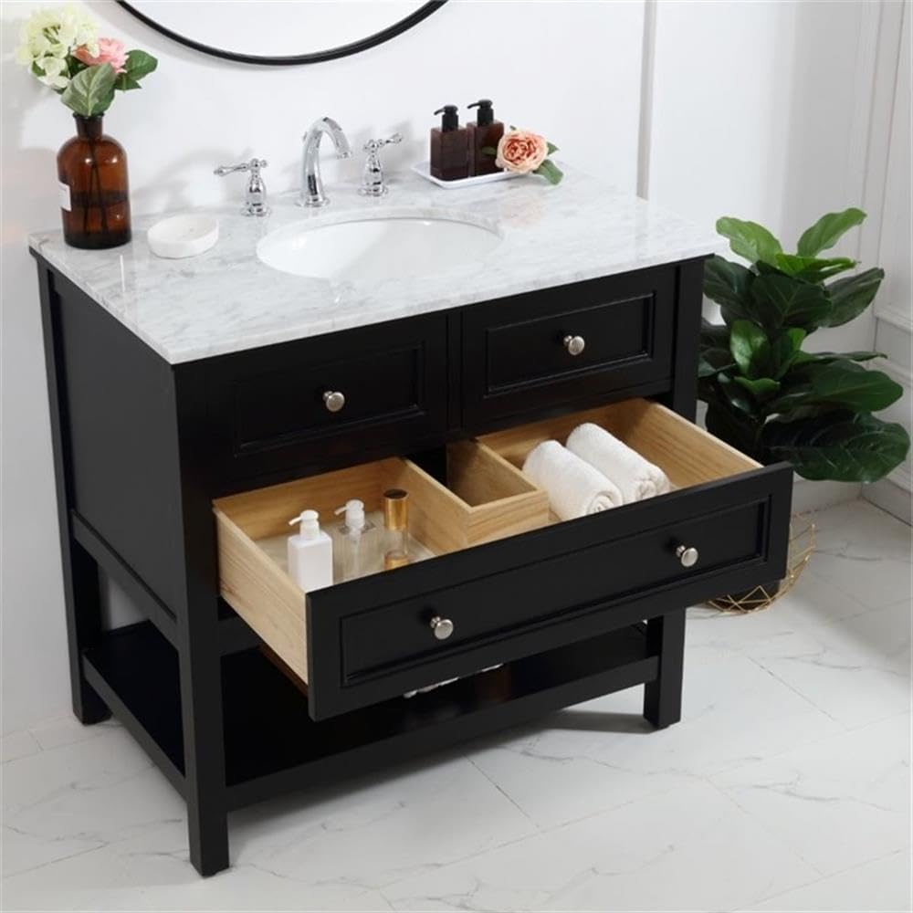 Pemberly Row Contemporary 36' Bathroom Vanity, Solid Poplar Wood Base, Carrara White Marble Top, Hand-Painted Black Finish, Porcelain Undermount Sink, Soft-Close Drawer, Storage Shelf, Free-Standing