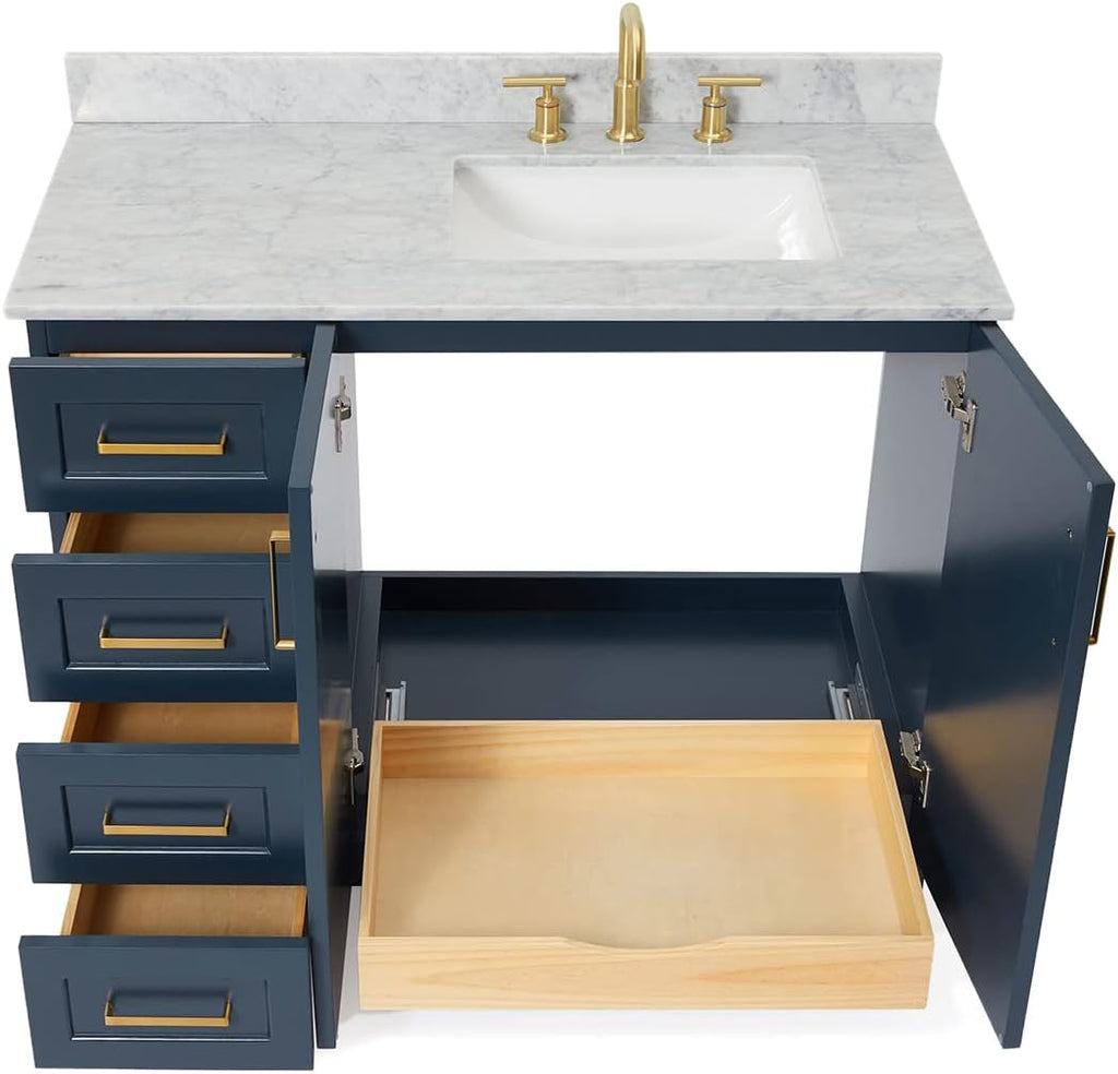 ARIEL Taylor 42-inch Bathroom Vanity with Sink,Solid Wood, 0.75-inch Italian Carrara Marble Countertop, Single Rectangular Porcelain Sink, 2 Soft Closing Doors, 5 Dovetail Drawers, Midnight Blue