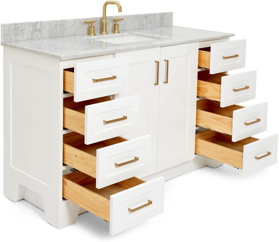 ARIEL Taylor 54-inch Bathroom Vanity with Sink,Solid Wood, 0.75-inch Italian Carrara Marble Countertop, Single Rectangular Porcelain Sink, 2 Soft Closing Doors, 9 Dovetail Drawers, White