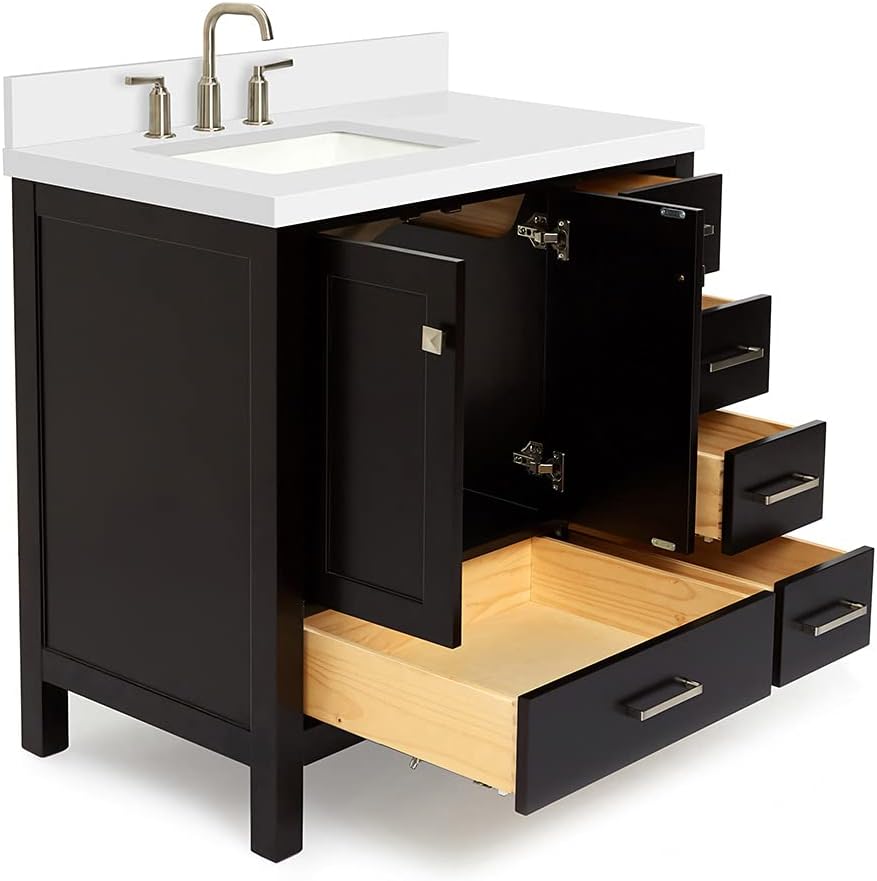 ARIEL Cambridge 36-inch Bathroom Vanity with Sink,Solid Wood, 1.5-inch Pure White Quartz Countertop, Single Rectangular Porcelain Sink, 2 Soft Closing Doors, 5 Dovetail Drawers, Espresso