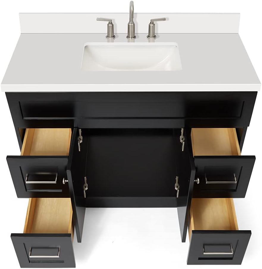 ARIEL Hamlet 42-inch Bathroom Vanity with Sink,Solid Wood, 1.5-inch Pure White Quartz Countertop & Backsplash, Single Rectangular Porcelain Sink, 2 Soft Closing Doors, 4 Dovetail Drawers, Black