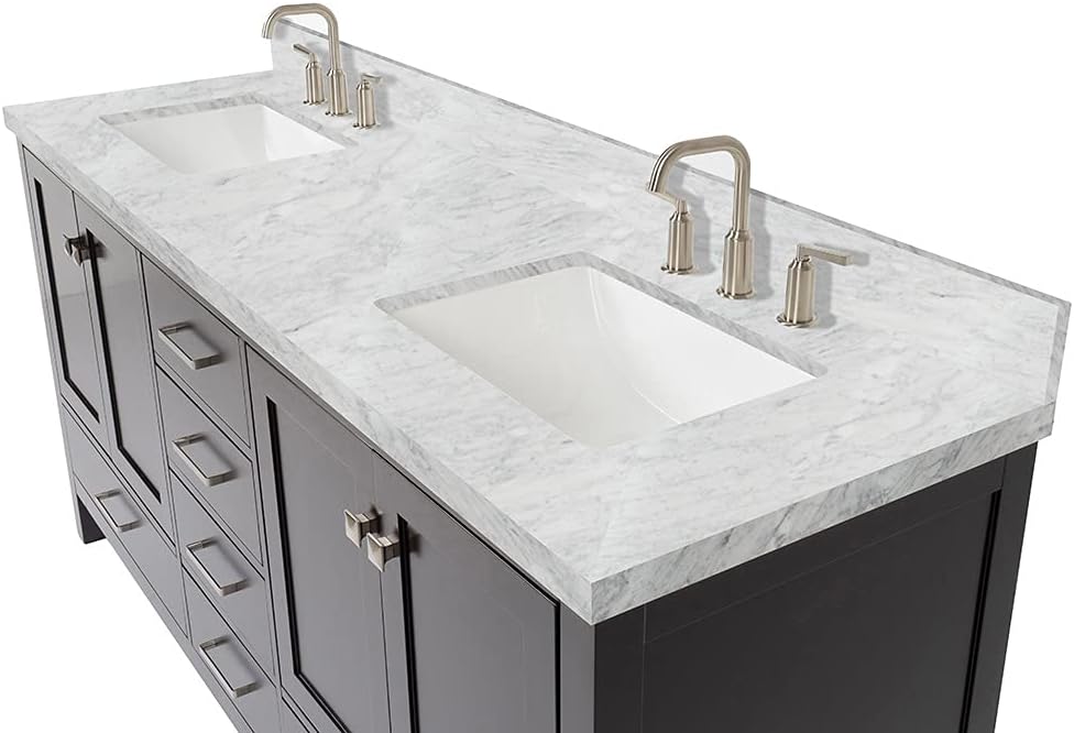DKB Beckford 72 Inch Bathroom Vanity Double Sink — Espresso Bathroom Vanity with Sink, 1.5' Edge Italian Carrara Marble Countertop & Backsplash, 4 Soft-Close Doors, 6 Dovetail Drawers