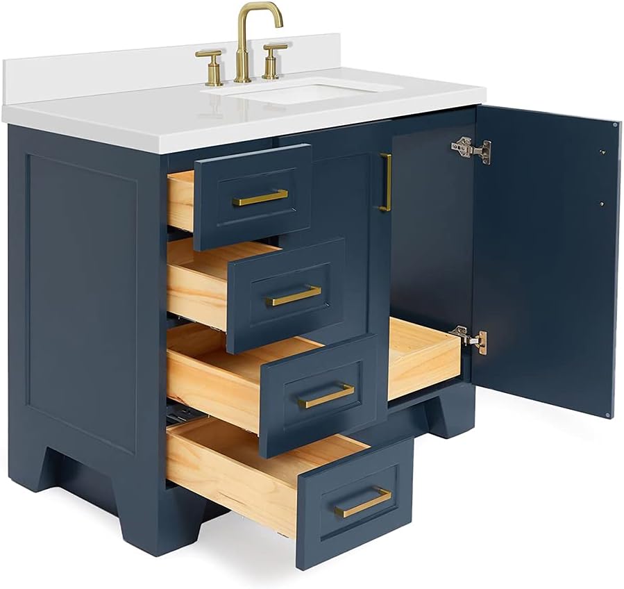 ARIEL Taylor 42-inch Bathroom Vanity with Sink,Solid Wood, 1.5-inch Pure White Quartz Countertop, Single Rectangular Porcelain Sink, 2 Soft Closing Doors, 5 Dovetail Drawers, Midnight Blue