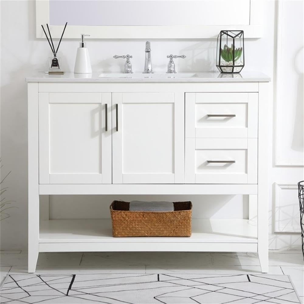 Pemberly Row Traditional 42' Bathroom Vanity, White Finish, Quartz Top with Undermount Porcelain Sink, Solid Wood and MDF Construction, Free-Standing, Storage Cabinet and Bottom Shelf, Brushed Nickel