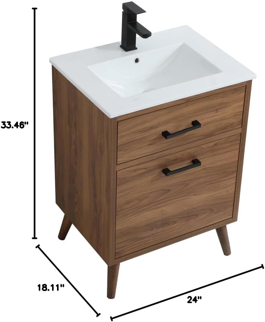 24' Pre-Assembled Bathroom Vanity with Sink, Engineered Wood, White Resin Countertop Attached, Single Rectangle Porcelain Sink, 1 Soft-Close Drawers, Walnut Brown