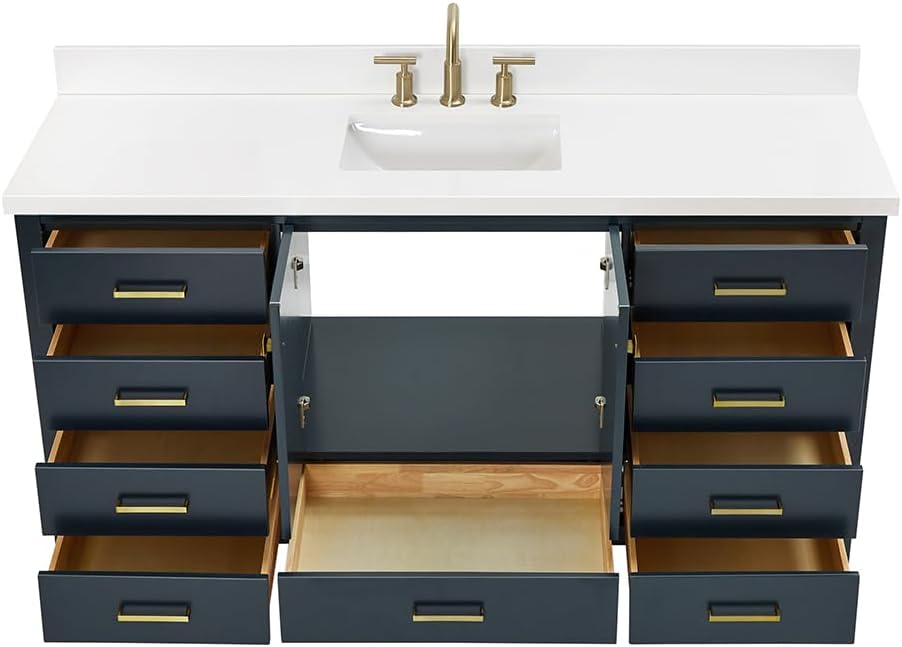 ARIEL Cambridge 66-inch Bathroom Vanity with Sink,Solid Wood, 1.5-inch Pure White Quartz Countertop, Single Rectangular Porcelain Sink, 2 Soft Closing Doors, 9 Dovetail Drawers, Midnight Blue