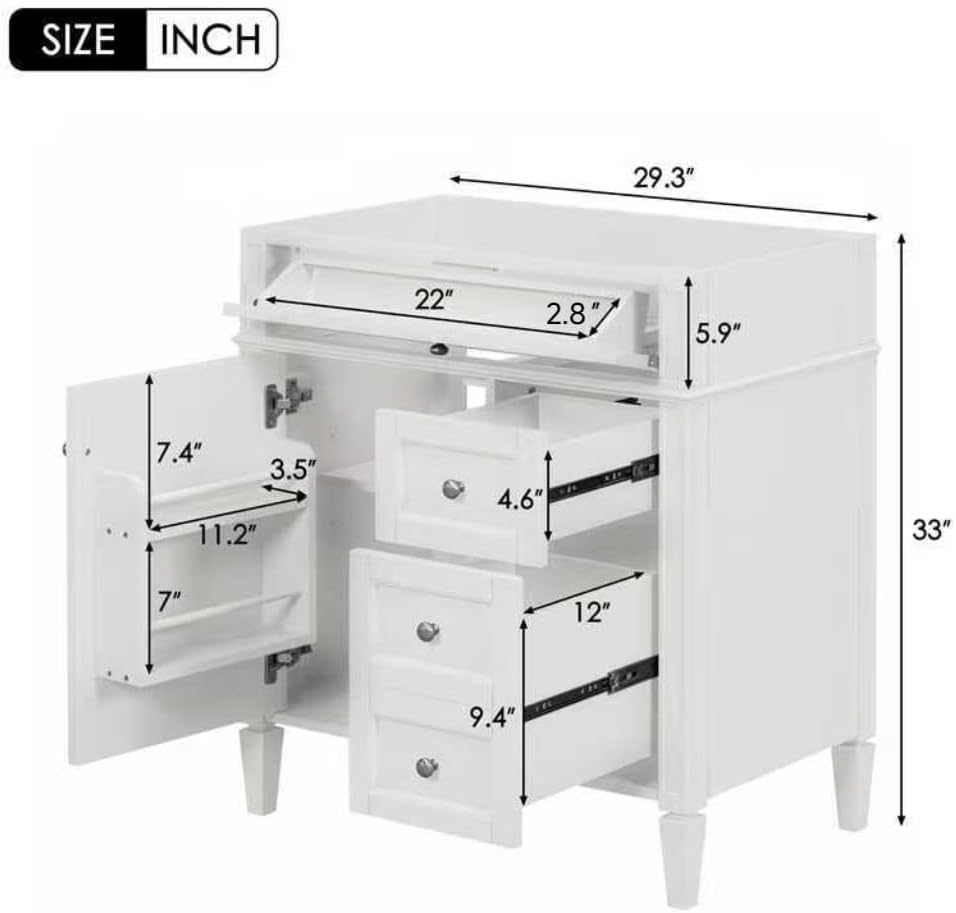 Merax 30' Bathroom Vanity Without Sink, Wood Under Sink Bathroom Cabinet with 3 Drawers,1 Doors and Adjustable Shelf, Modern Pedestal Sink Bathroom Vanity Cabinet White