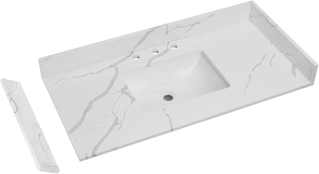 42 in.W x 22 in.D Quartz Calacatta River Vanity Top,with Undermount Middle Sink Vanity Top,with Two Sidesplash & One Backsplash,8 Inch Faucet Hole Spread Bathroom Vanity Sink Countertop