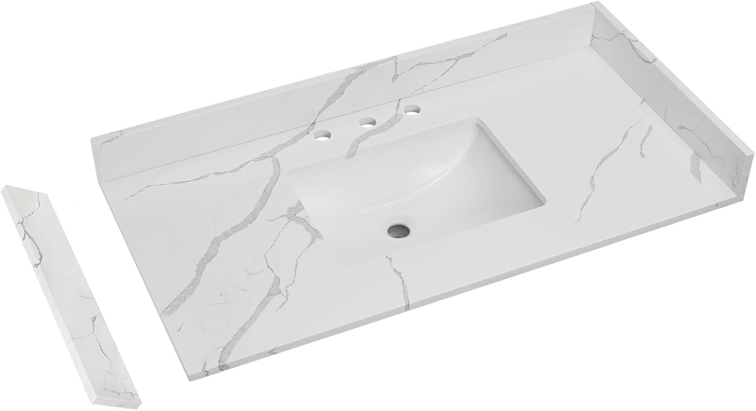 42 in.W x 22 in.D Quartz Calacatta River Vanity Top,with Undermount Middle Sink Vanity Top,with Two Sidesplash & One Backsplash,8 Inch Faucet Hole Spread Bathroom Vanity Sink Countertop